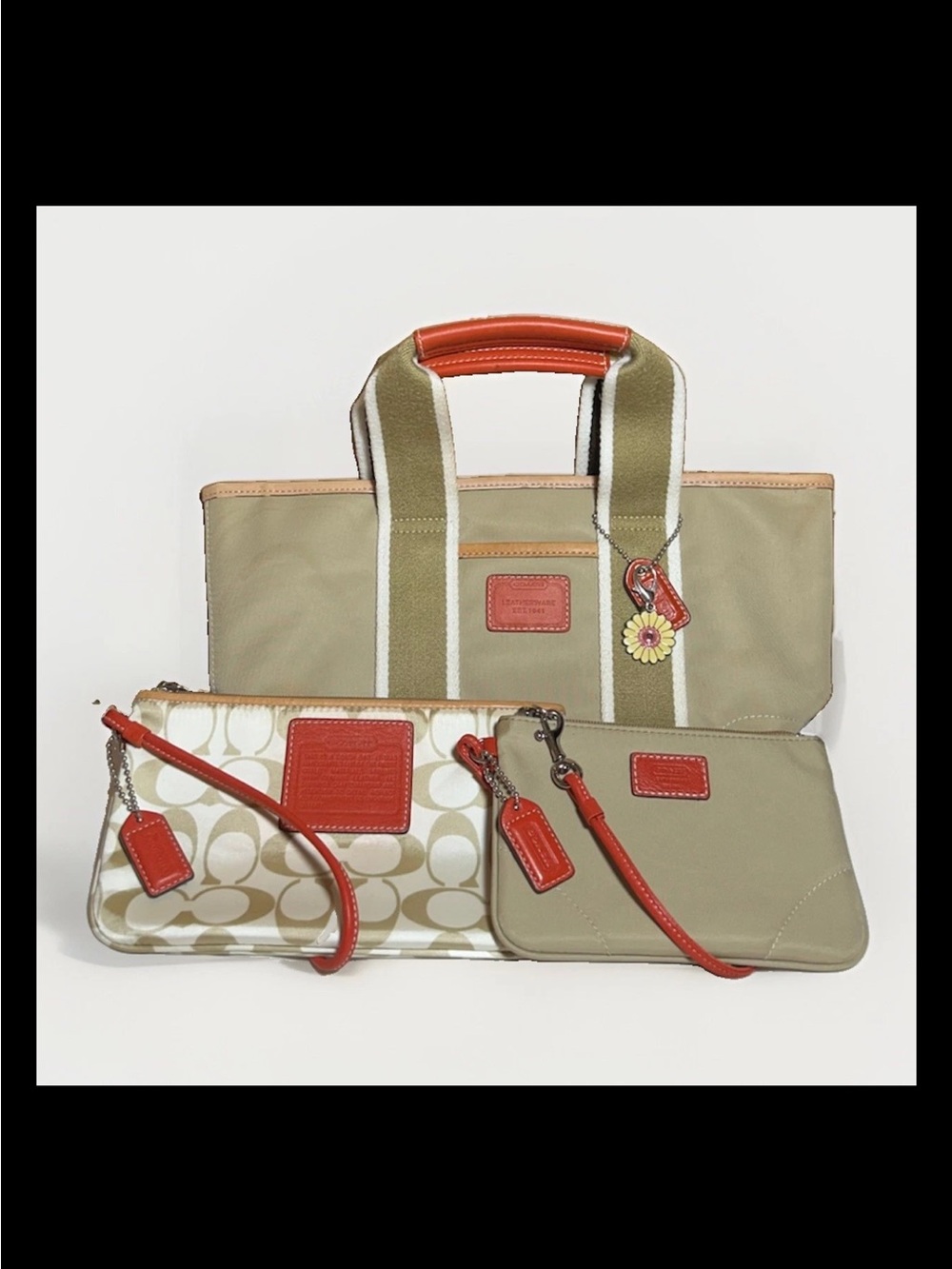Coach Mini Hamptons Tote,Clutch,Wristlet Set-Khaki Nylon, Vermilion Leather 2005